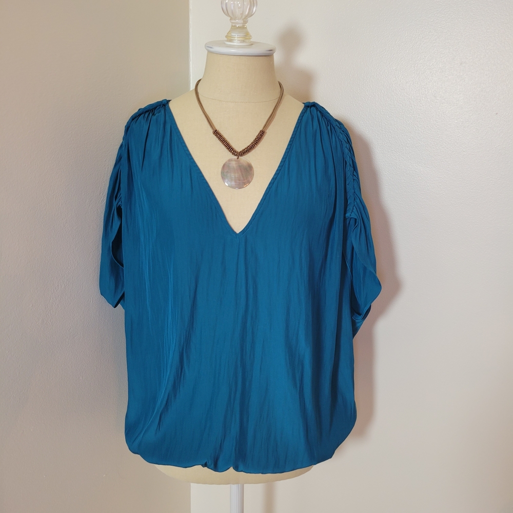 Ramy Brook Teal V-Neck Top With Braided Butterfly Sleeves Size Large